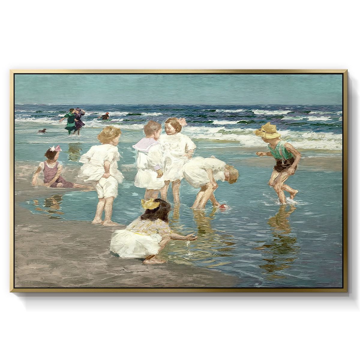 A Holiday, c. 1915 by Edward Henry Potthast in a gold floater framed canvas wall art display.