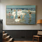 Gold floater framed canvas featuring a lively shoreline scene with people gathered in surf, displayed in a hallway near a staircase.