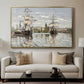 Ships Riding on the Seine at Rouen, 1872 by Claude Monet displayed in a gold floater framed canvas above a sofa in a clean living room.