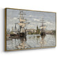 Angled view of Ships Riding on the Seine at Rouen, 1872 by Claude Monet in a gold floater framed canvas.