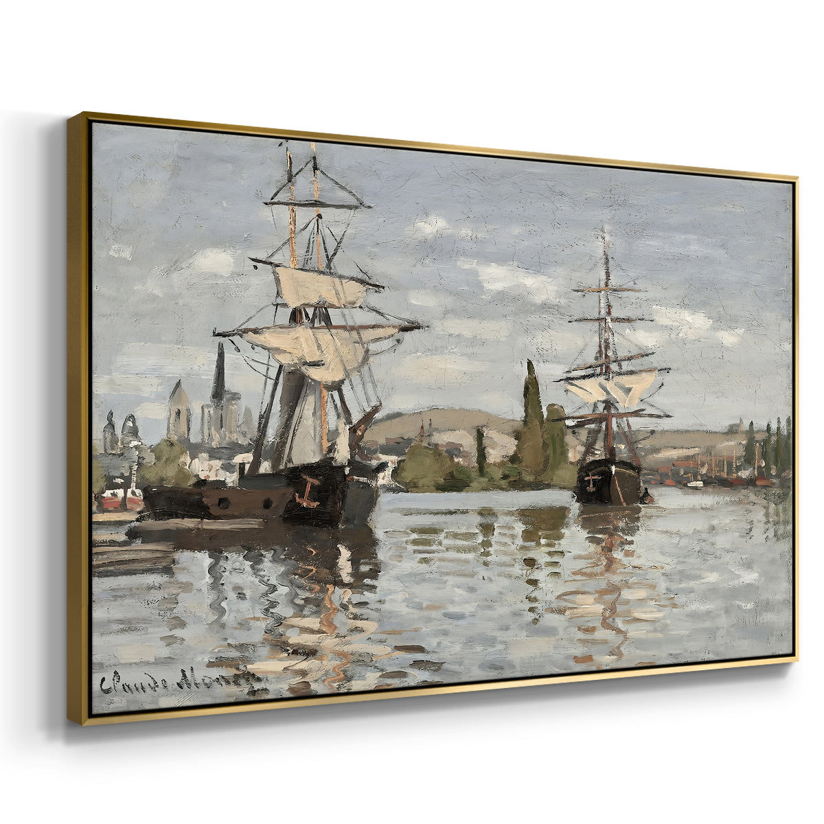 Angled view of Ships Riding on the Seine at Rouen, 1872 by Claude Monet in a gold floater framed canvas.