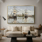 Ships Riding on the Seine at Rouen, 1872 by Claude Monet as a gold floater framed canvas featuring large ships docked along the Seine with masts rising against soft sky, displayed above a sofa in a modern living room.