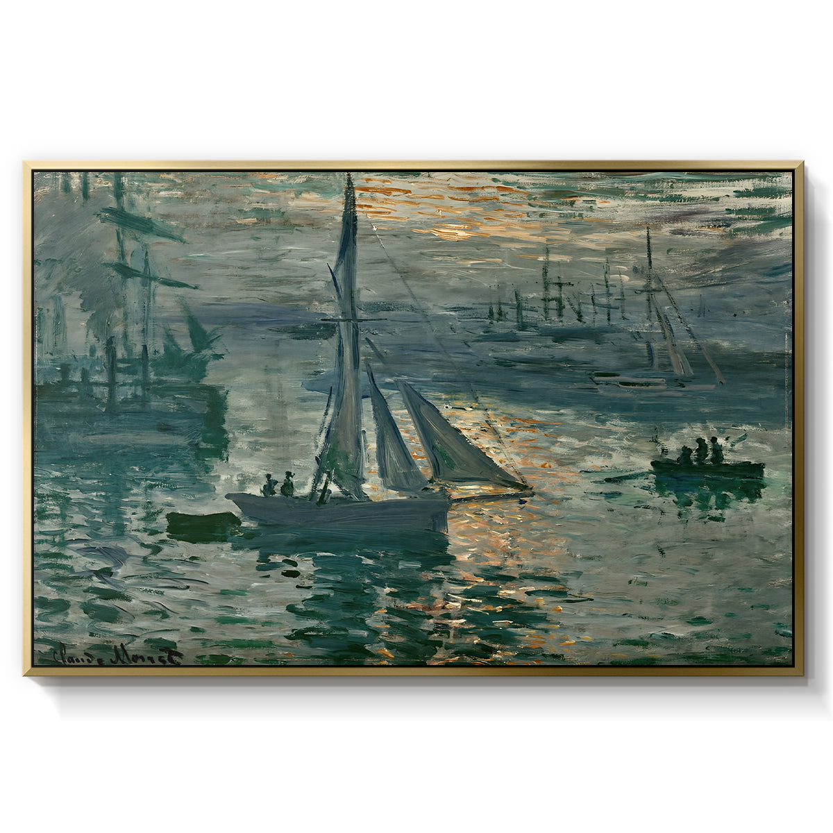 Sunrise (Marine), 1873 by Claude Monet in a gold floater framed canvas wall art display.