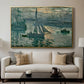 Sunrise (Marine), 1873 by Claude Monet displayed in a gold floater framed canvas above a sofa in a clean living room.