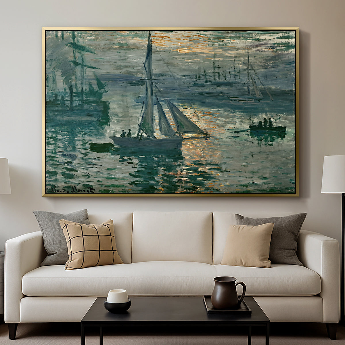 Sunrise (Marine), 1873 by Claude Monet displayed in a gold floater framed canvas above a sofa in a clean living room.