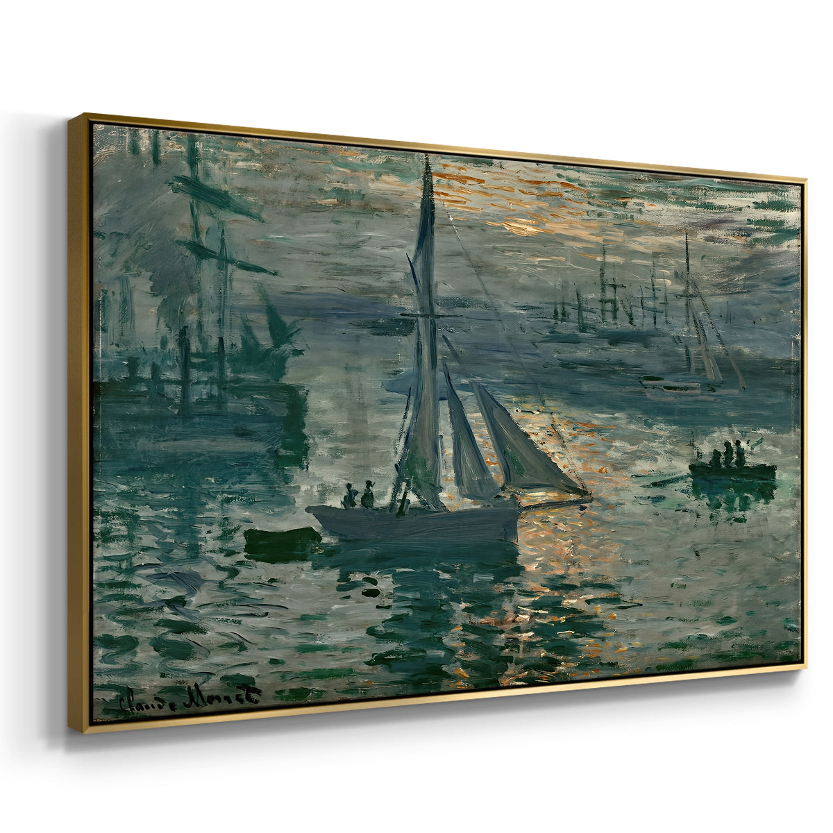 Angled view of Sunrise (Marine), 1873 by Claude Monet in a gold floater framed canvas.