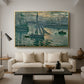 Sunrise (Marine), 1873 by Claude Monet as a gold floater framed canvas featuring a hazy sunrise over harbor with boats silhouetted in soft morning light, displayed above a sofa in a modern living room.