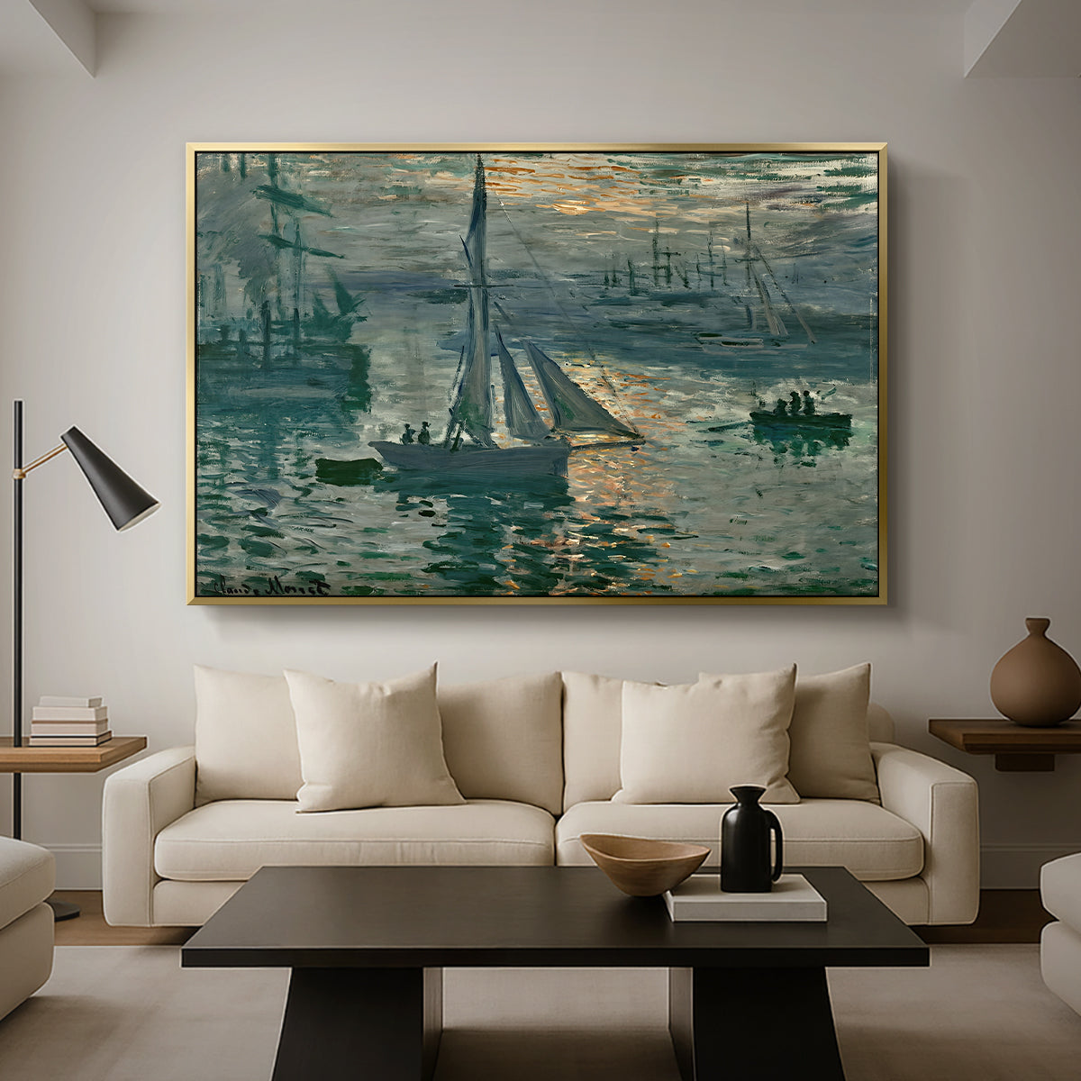 Sunrise (Marine), 1873 by Claude Monet as a gold floater framed canvas featuring a hazy sunrise over harbor with boats silhouetted in soft morning light, displayed above a sofa in a modern living room.
