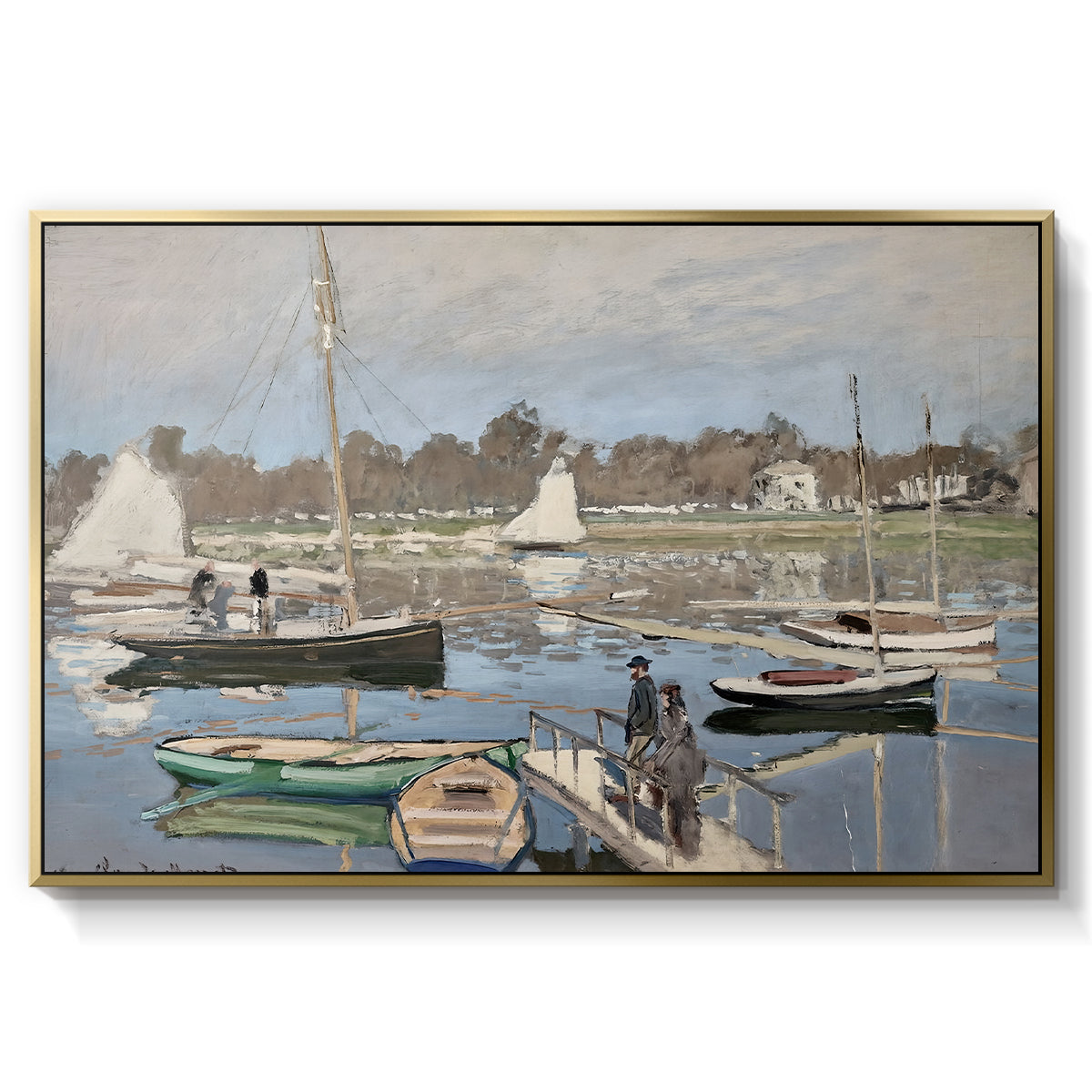 The Basin at Argenteuil, 1874 by Claude Monet in a gold floater framed canvas wall art display.