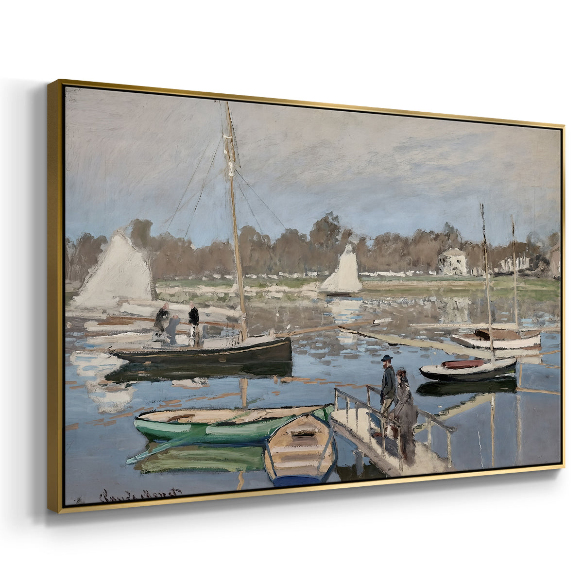 Angled view of The Basin at Argenteuil, 1874 by Claude Monet in a gold floater framed canvas.
