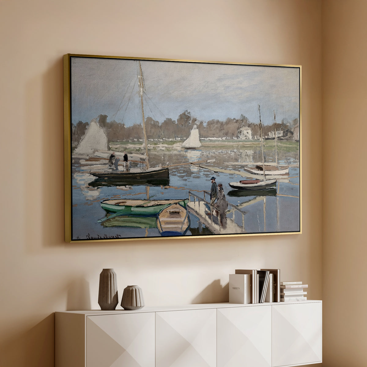 Gold floater framed canvas of The Basin at Argenteuil, 1874 by Claude Monet, featuring an impressionist boating scene with clustered masts and gentle ripples above a console cabinet in a minimalist entryway.