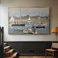 Gold floater framed canvas featuring a tranquil river setting with sailboats and shoreline, displayed in a hallway near a staircase.