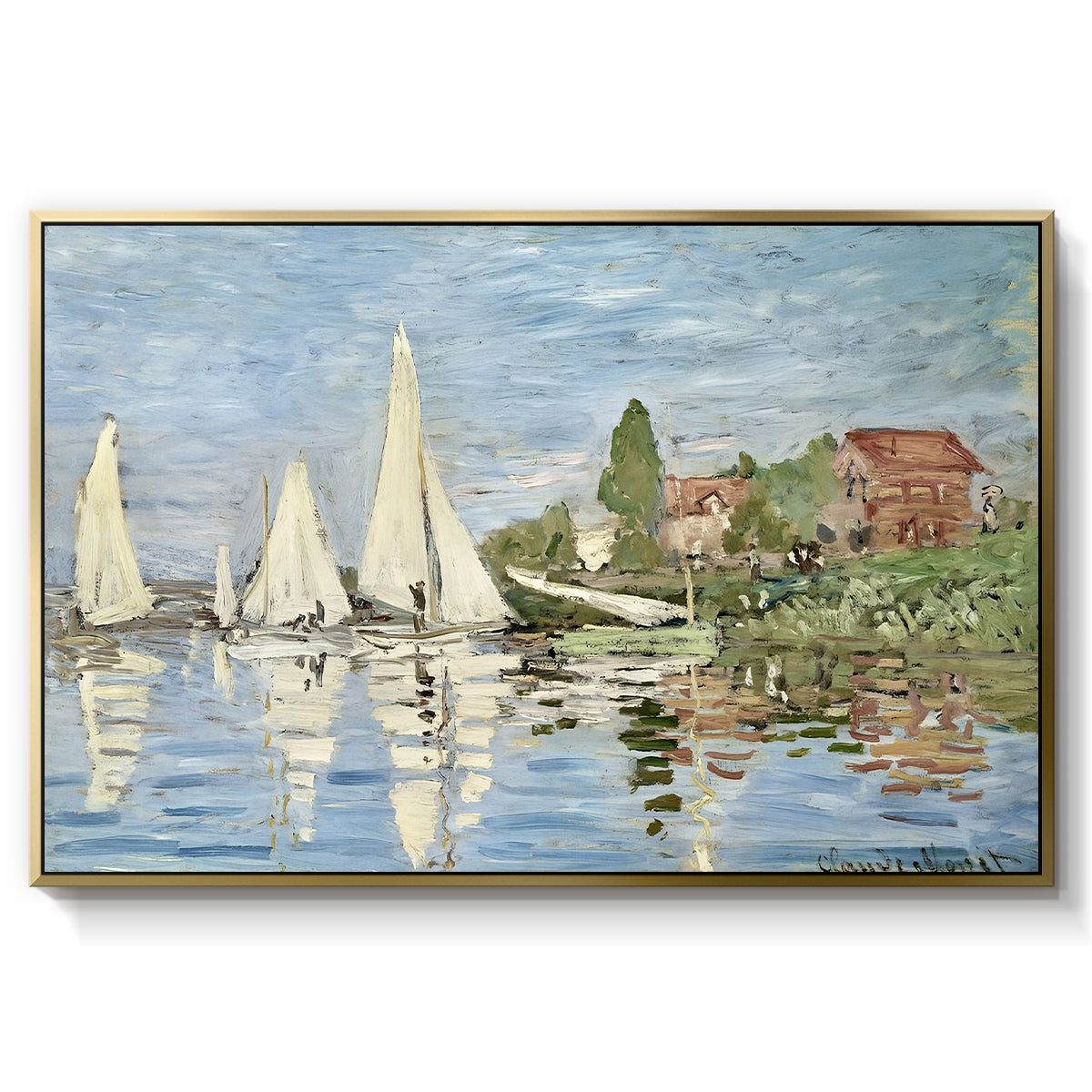 Regatta at Argenteuil, 1872 by Claude Monet in a gold floater framed canvas wall art display.