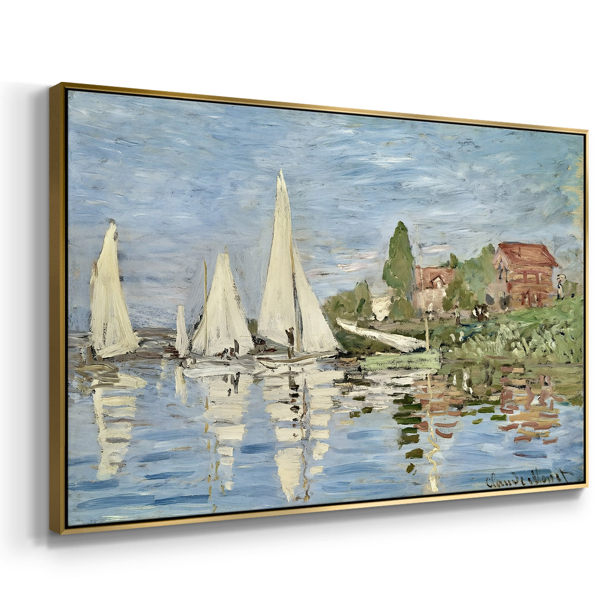 Angled view of Regatta at Argenteuil, 1872 by Claude Monet in a gold floater framed canvas.
