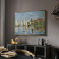 Regatta at Argenteuil, 1872 by Claude Monet in a gold floater framed canvas featuring an impressionist depiction of sailing competition on water, displayed above a desk in a dark home office interior.