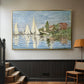 Gold floater framed canvas featuring a dynamic nautical scene with boats moving across river, displayed in a hallway near a staircase.