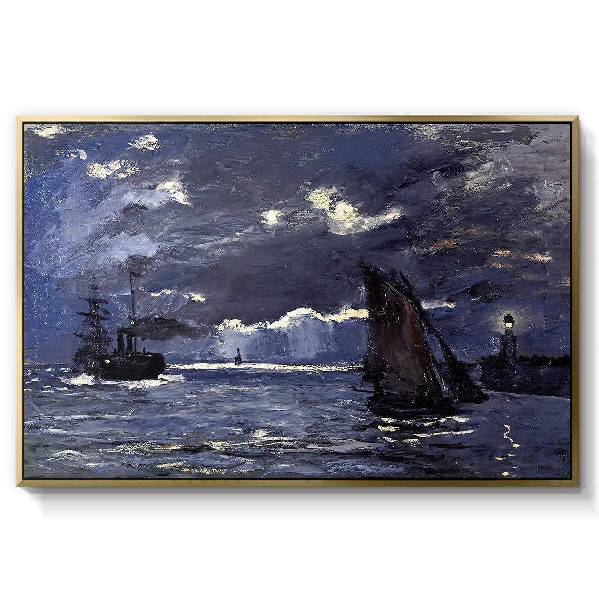 A Seascape, Shipping by Moonlight, 1864 by Claude Monet in a gold floater framed canvas wall art display.