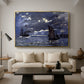 A Seascape, Shipping by Moonlight, 1864 by Claude Monet as a gold floater framed canvas featuring ships on dark sea illuminated by moonlight under night sky, displayed above a sofa in a modern living room.