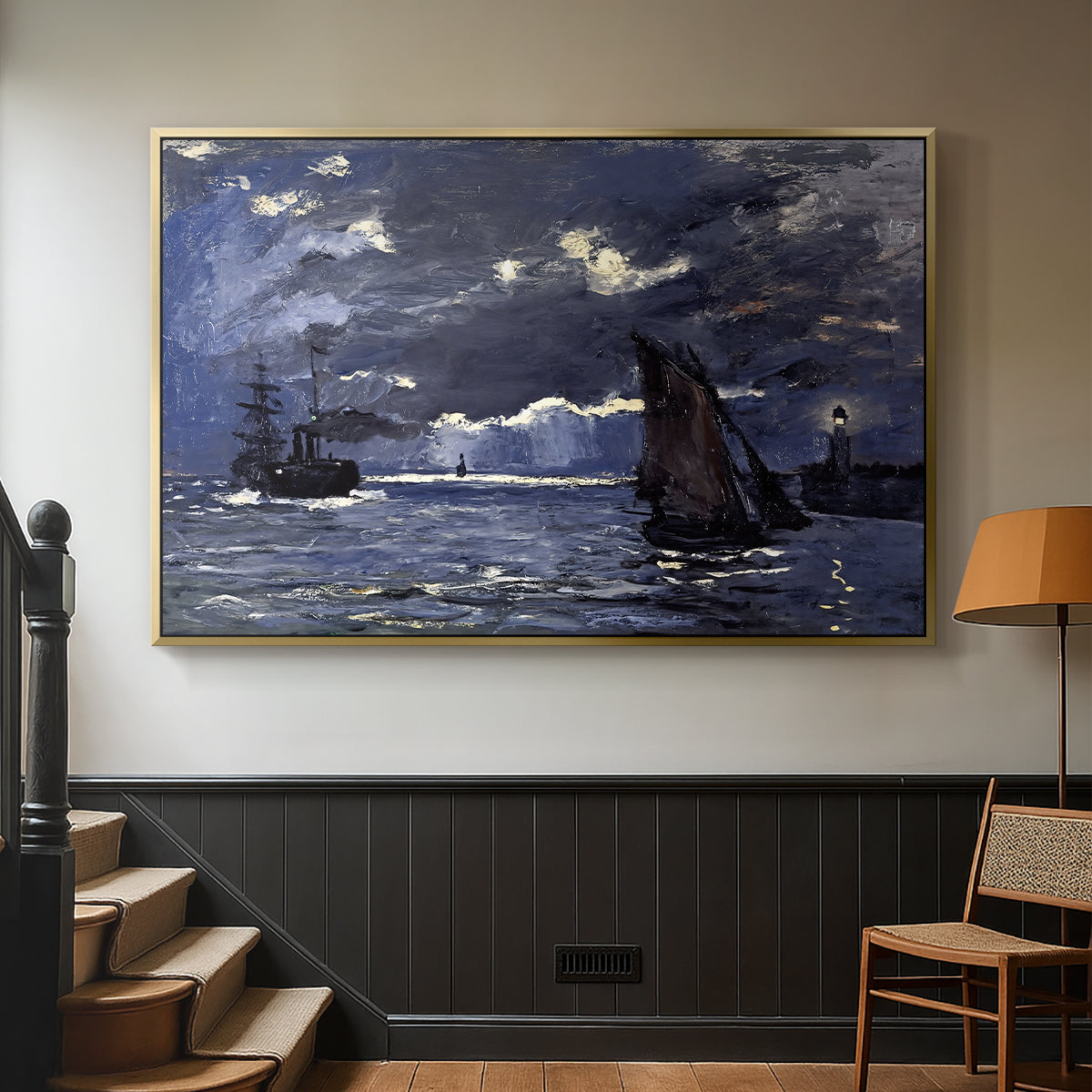 Gold floater framed canvas featuring an atmospheric maritime view with ships in moonlit darkness, displayed in a hallway near a staircase.