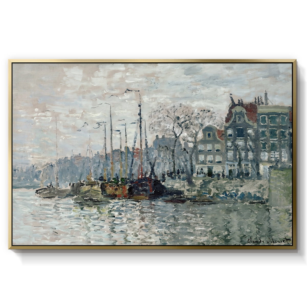 View of the Prins Hendrikkade and Kromme Waal in Amsterdam, 1874 by Claude Monet in a gold floater framed canvas wall art display.