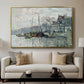 View of the Prins Hendrikkade and Kromme Waal in Amsterdam, 1874 by Claude Monet displayed in a gold floater framed canvas above a sofa in a clean living room.