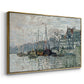 Angled view of View of the Prins Hendrikkade and Kromme Waal in Amsterdam, 1874 by Claude Monet in a gold floater framed canvas.