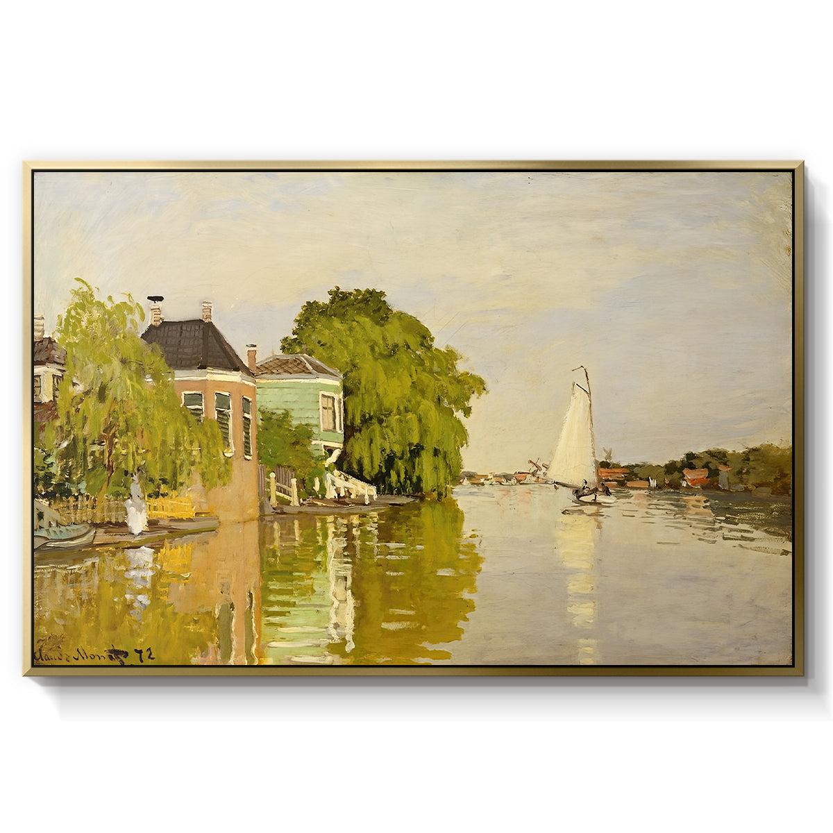 Houses on the Achterzaan, 1871 by Claude Monet in a gold floater framed canvas wall art display.