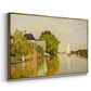 Angled view of Houses on the Achterzaan, 1871 by Claude Monet in a gold floater framed canvas.