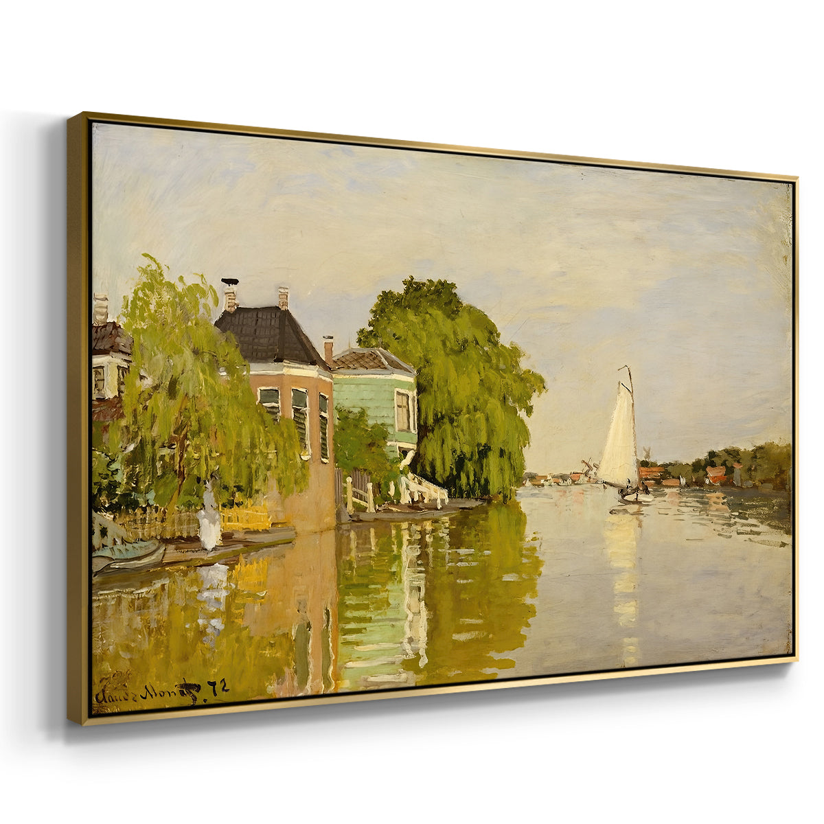 Angled view of Houses on the Achterzaan, 1871 by Claude Monet in a gold floater framed canvas.