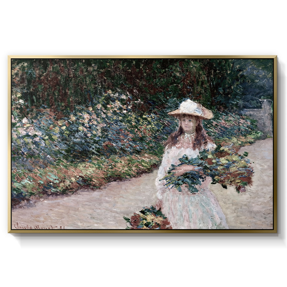 Young Girl in the Garden at Giverny, 1888 by Claude Monet in a gold floater framed canvas wall art display.