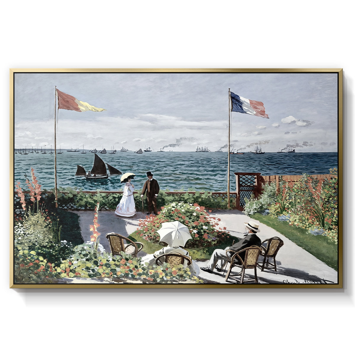 Garden at Sainte-Adresse, 1867 by Claude Monet in a gold floater framed canvas wall art display.
