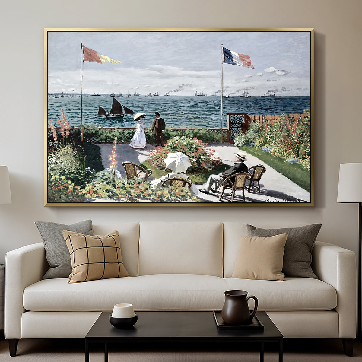Garden at Sainte-Adresse, 1867 by Claude Monet displayed in a gold floater framed canvas above a sofa in a clean living room.