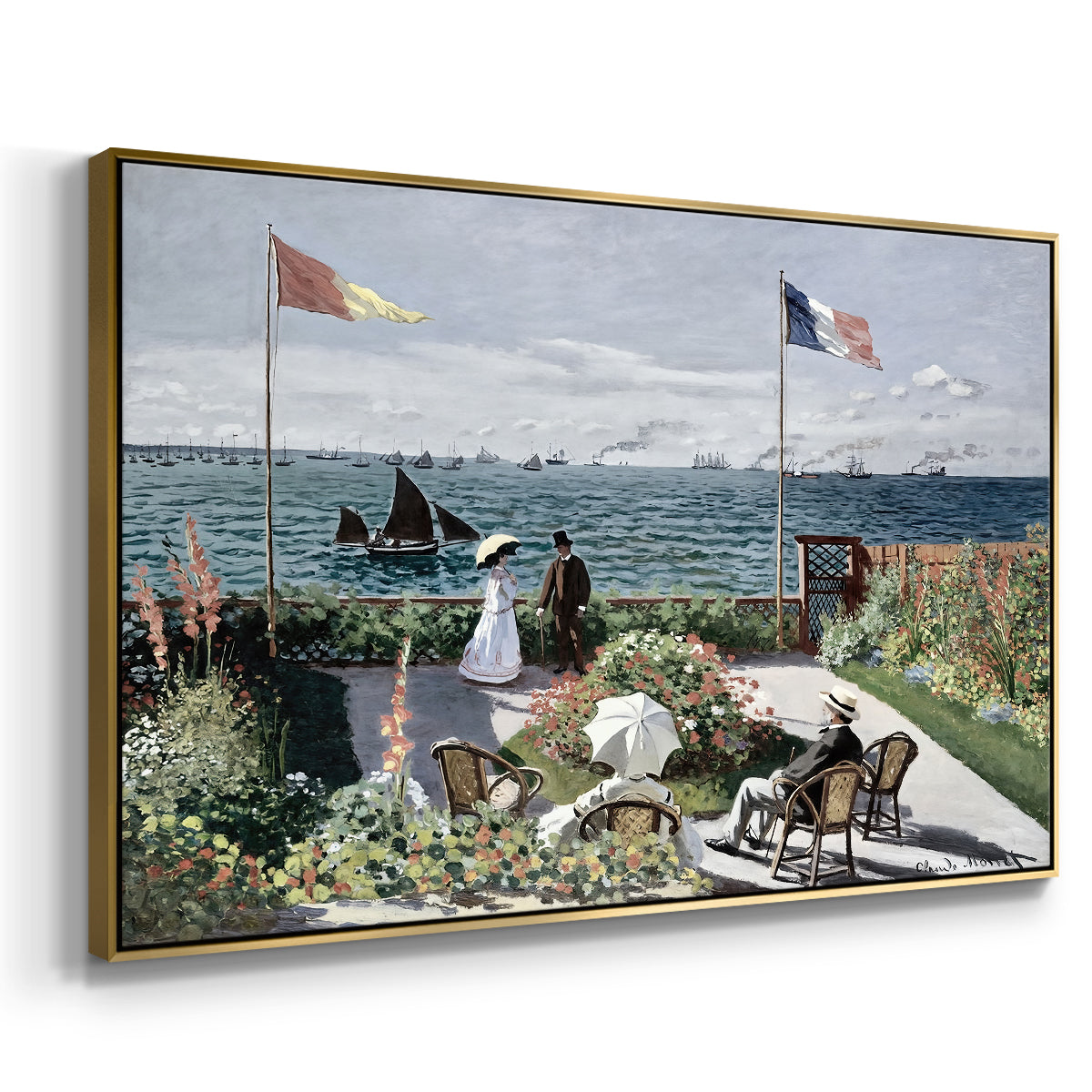 Angled view of Garden at Sainte-Adresse, 1867 by Claude Monet in a gold floater framed canvas.