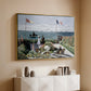 Gold floater framed canvas of Garden at Sainte-Adresse, 1867 by Claude Monet, featuring an impressionist coastal garden with people and ocean view above a console cabinet in a minimalist entryway.