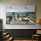 Gold floater framed canvas featuring a landscaped terrace with figures and flags near shoreline, displayed in a hallway near a staircase.
