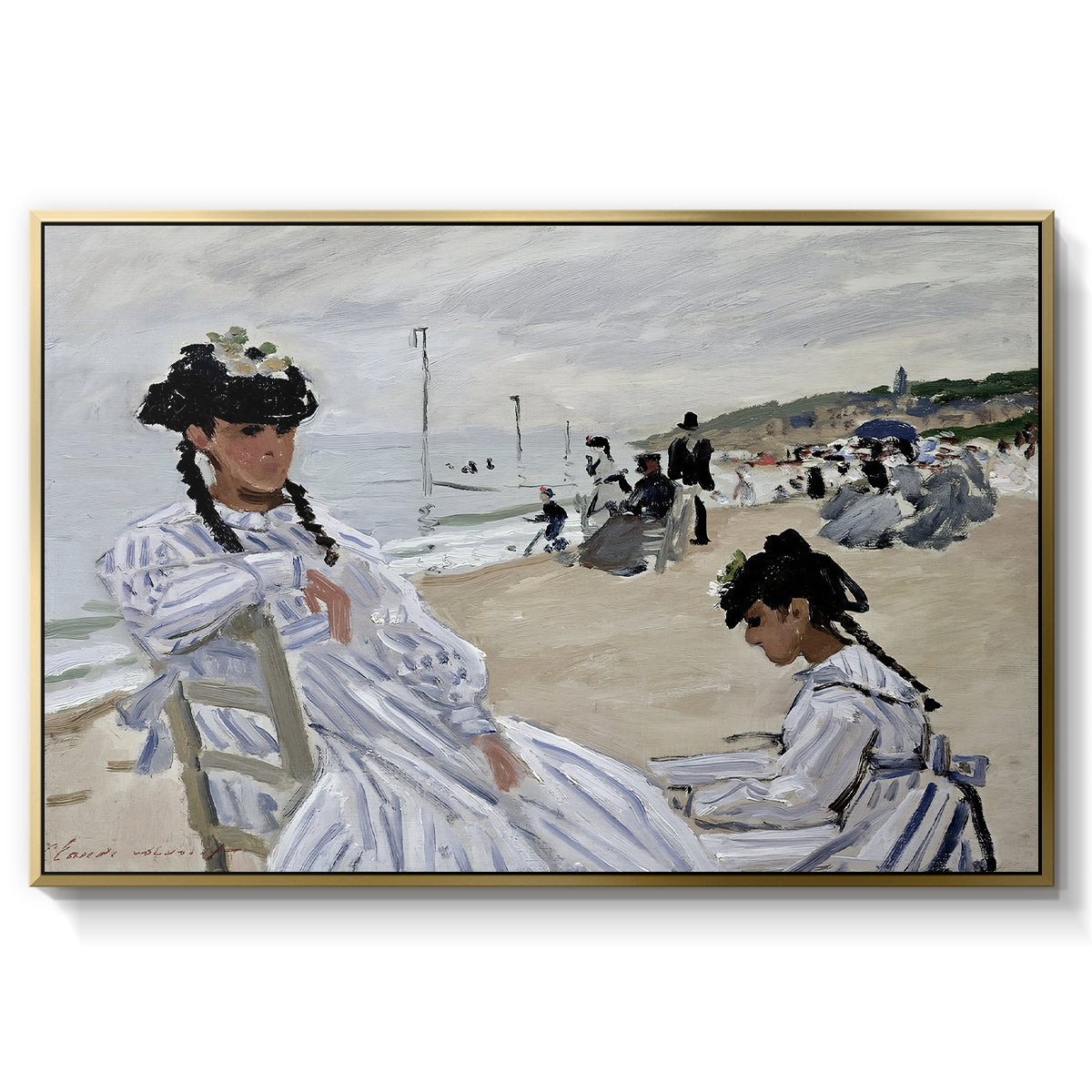 On the Beach at Trouville, 1870 by Claude Monet in a gold floater framed canvas wall art display.