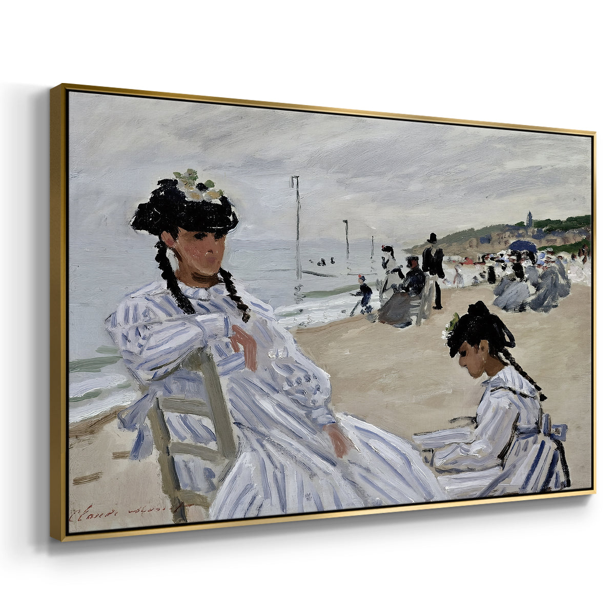 Angled view of On the Beach at Trouville, 1870 by Claude Monet in a gold floater framed canvas.