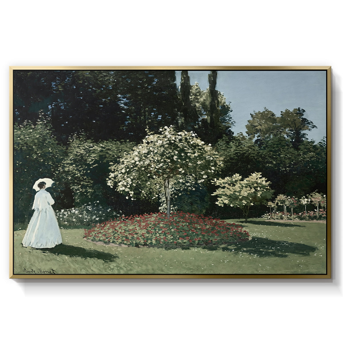Woman in the Garden, Sainte-Adresse, 1867 by Claude Monet in a gold floater framed canvas wall art display.