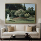 Woman in the Garden, Sainte-Adresse, 1867 by Claude Monet displayed in a gold floater framed canvas above a sofa in a clean living room.
