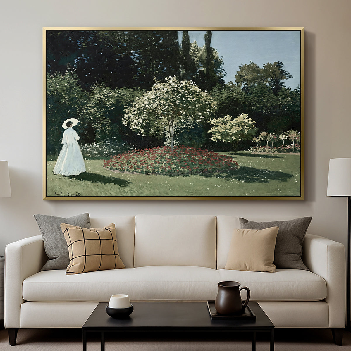 Woman in the Garden, Sainte-Adresse, 1867 by Claude Monet displayed in a gold floater framed canvas above a sofa in a clean living room.