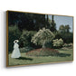Angled view of Woman in the Garden, Sainte-Adresse, 1867 by Claude Monet in a gold floater framed canvas.