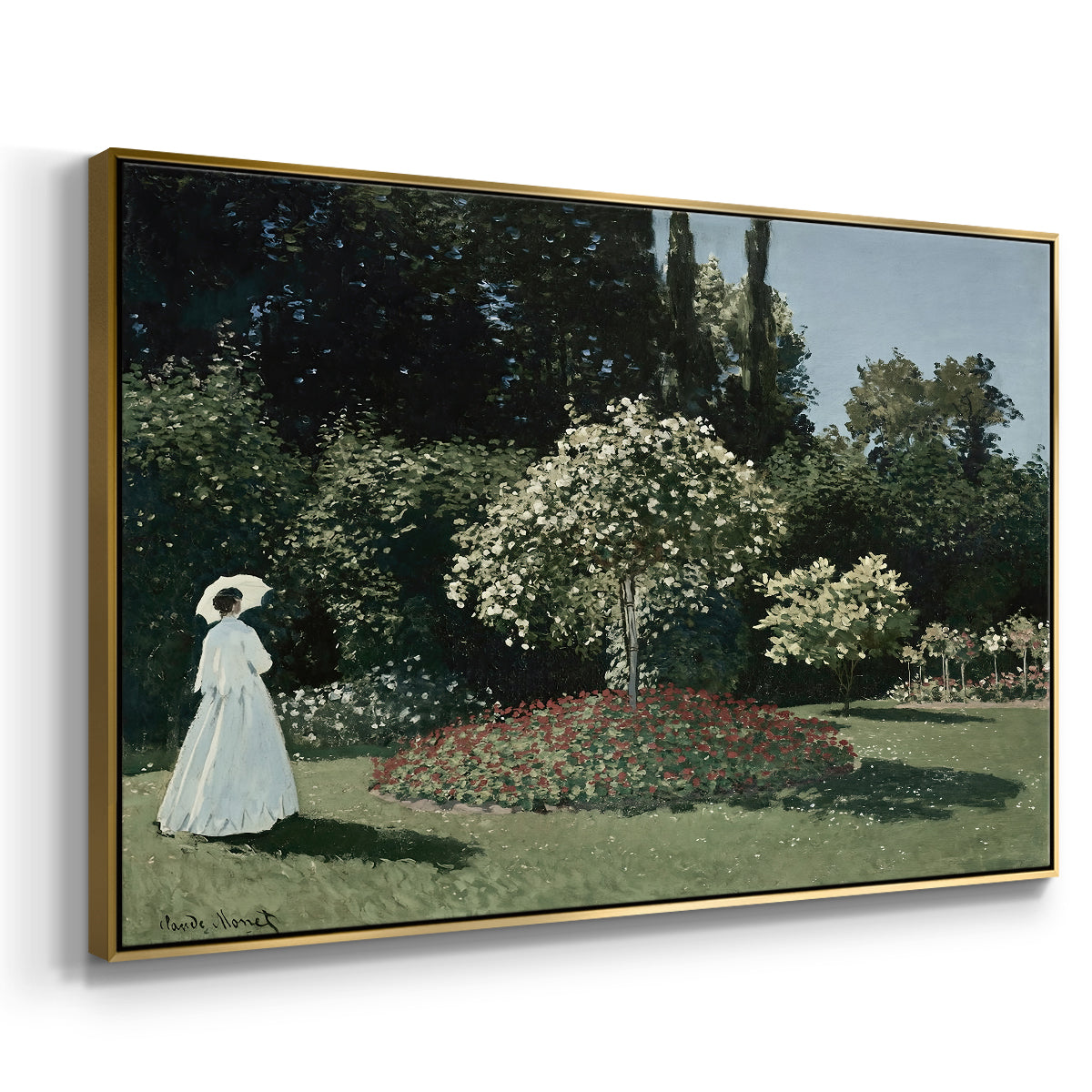 Angled view of Woman in the Garden, Sainte-Adresse, 1867 by Claude Monet in a gold floater framed canvas.