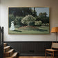 Gold floater framed canvas featuring a tranquil garden portrait with soft natural light, displayed in a hallway near a staircase.