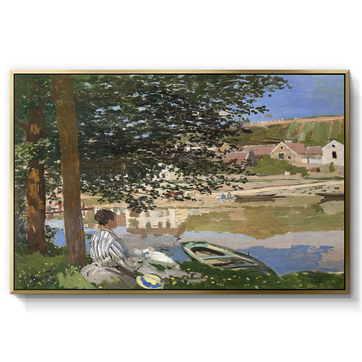 On the Bank of the Seine, Bennecourt, 1868 by Claude Monet in a gold floater framed canvas wall art display.