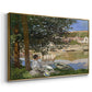 Angled view of On the Bank of the Seine, Bennecourt, 1868 by Claude Monet in a gold floater framed canvas.