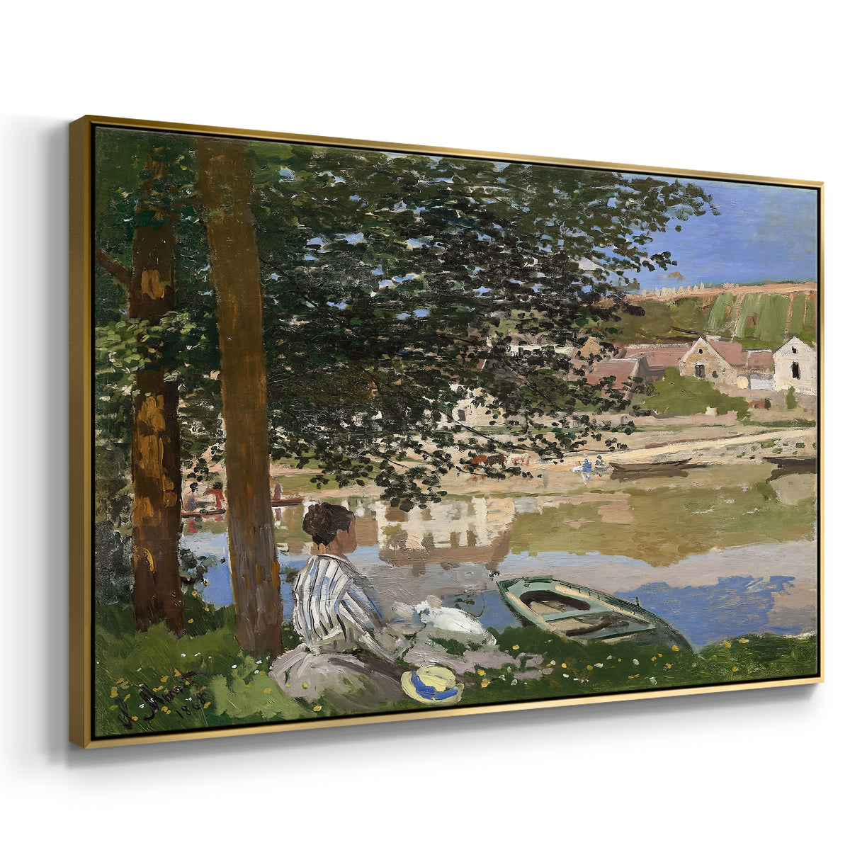 Angled view of On the Bank of the Seine, Bennecourt, 1868 by Claude Monet in a gold floater framed canvas.