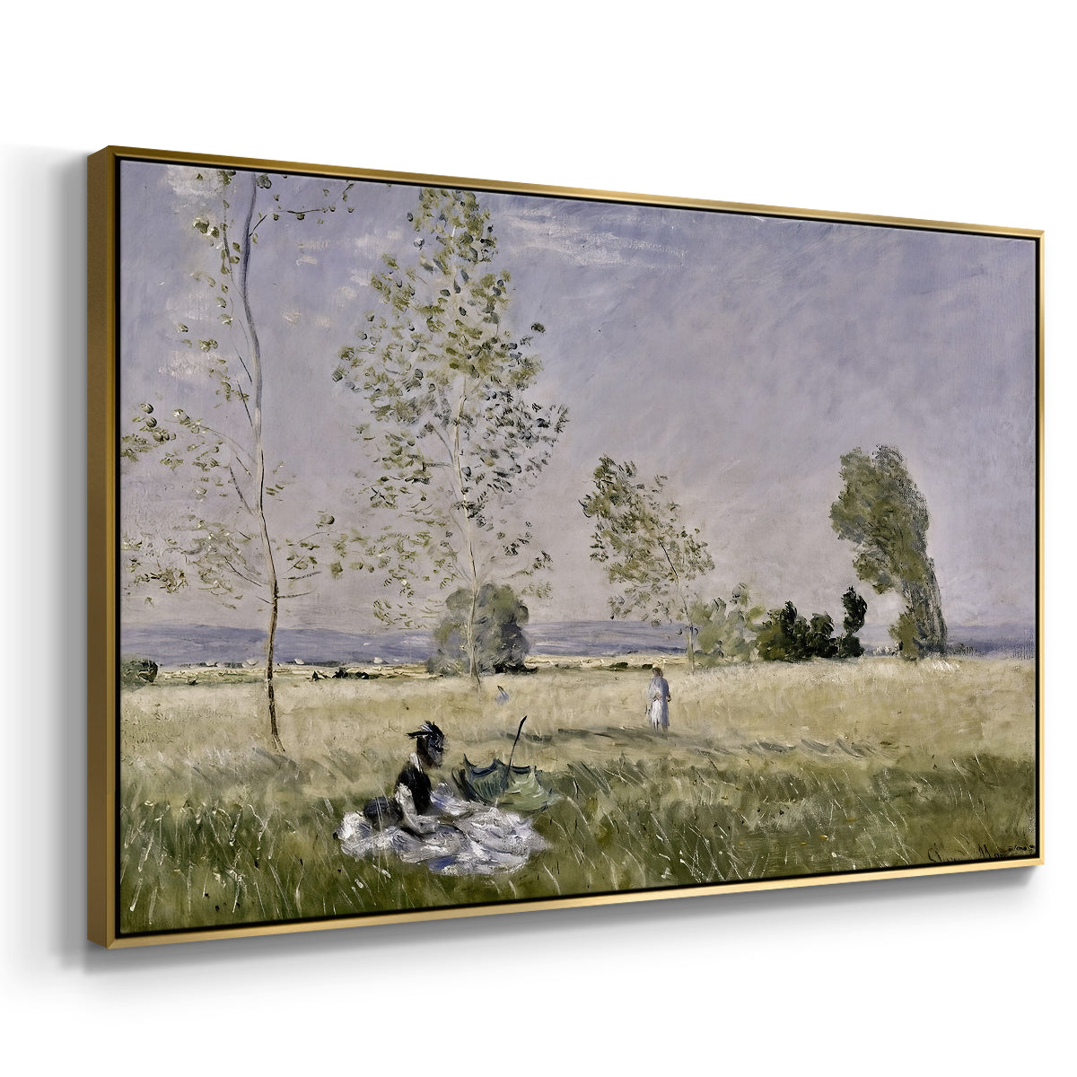 Angled view of Summer (L'ete), 1874 by Claude Monet in a gold floater framed canvas.