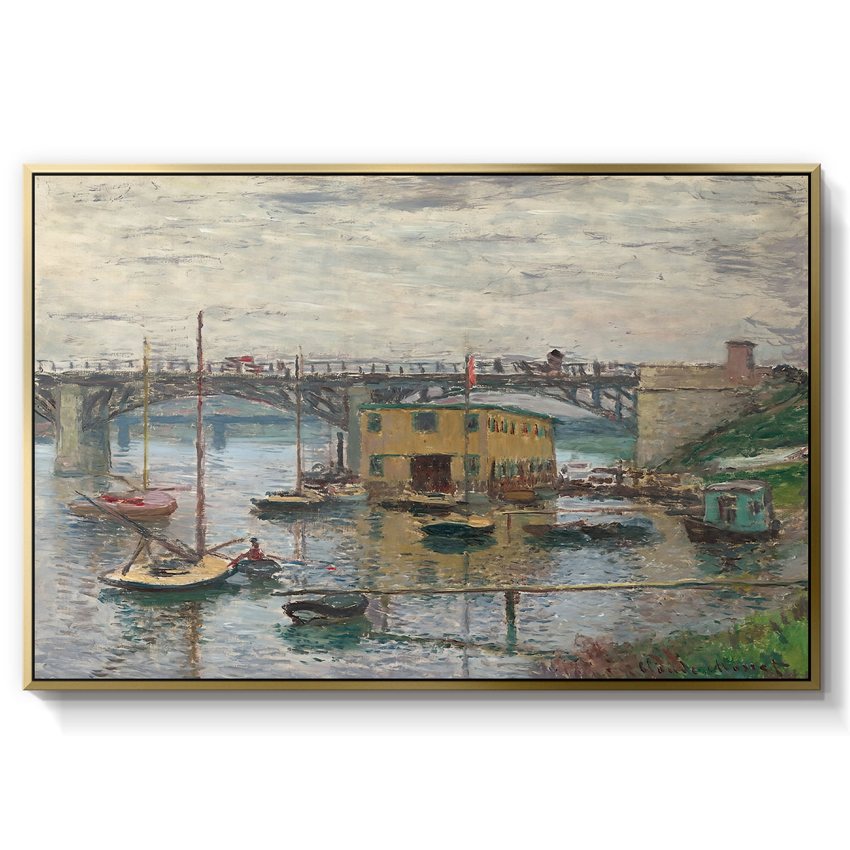 Bridge at Argenteuil on a Gray Day, c. 1876 by Claude Monet in a gold floater framed canvas wall art display.