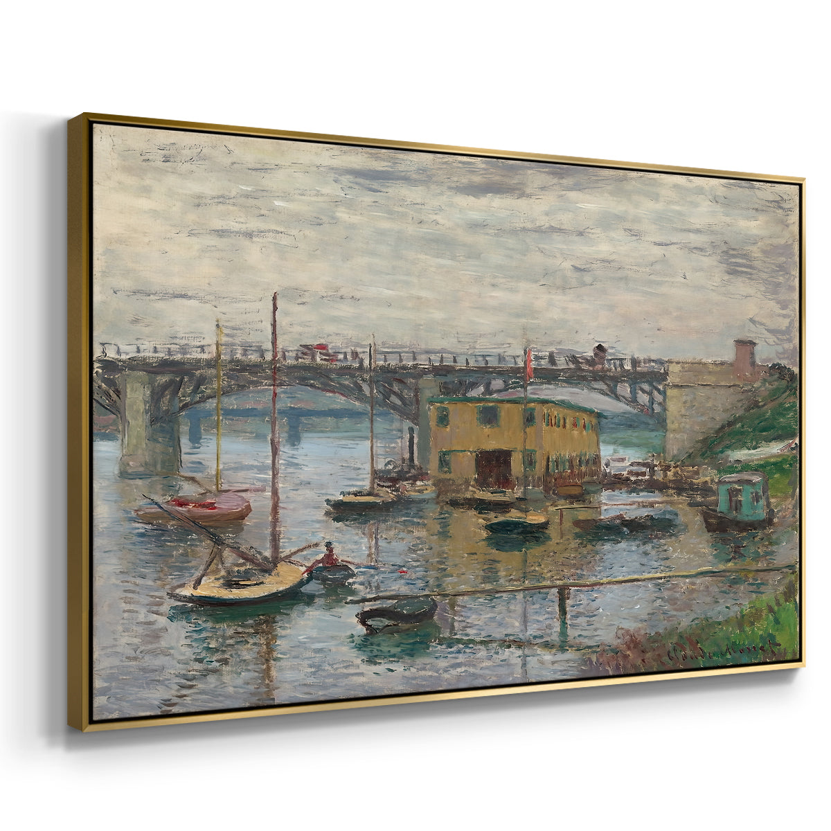 Angled view of Bridge at Argenteuil on a Gray Day, c. 1876 by Claude Monet in a gold floater framed canvas.