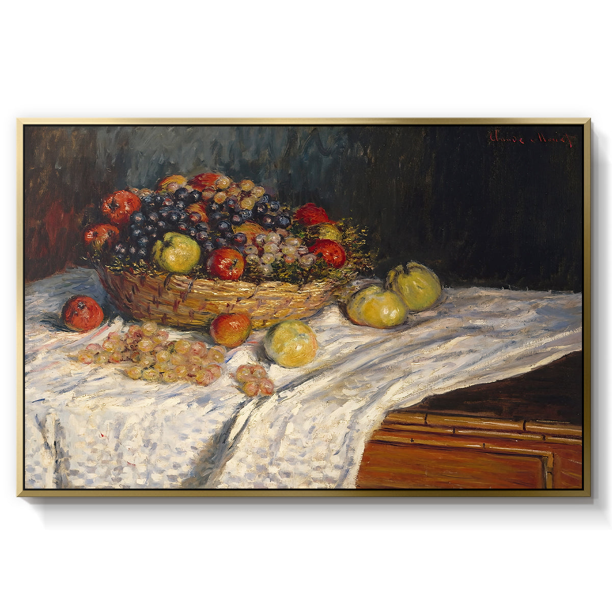 Still Life with Apples and Grapes, 1880 by Claude Monet in a gold floater framed canvas wall art display.